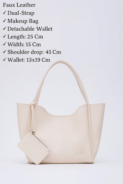 Cream SHK108 Faux Leather Women Hand And Shoulder Bag With Wallet And Makeup Bag