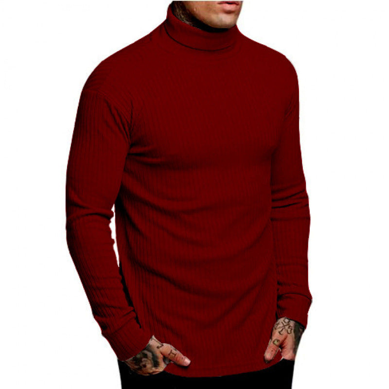 Casual Men's Fashion Solid Color High-neck Twisted Stripe Knit Sweater Slim Fit Knitwear