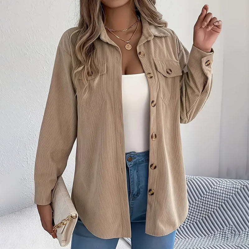 Women's Corduroy Shirt Jacket, Lapel Long Sleeve Button-Down Coat For Casual And Office Wear