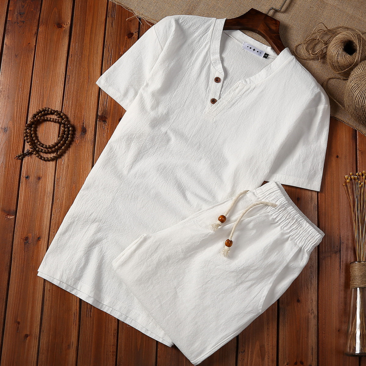 Cotton And Linen Two-piece Buckle Suit Casual V-neck Two-piece Set