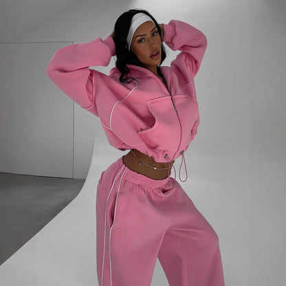 Athleisure Zip-up Long-sleeve Hoodie And Loose-fitting Sweatpants Set