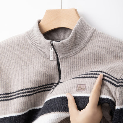 Men's Chenille Half-Zip Fleece- Lined Striped Pullover Sweater