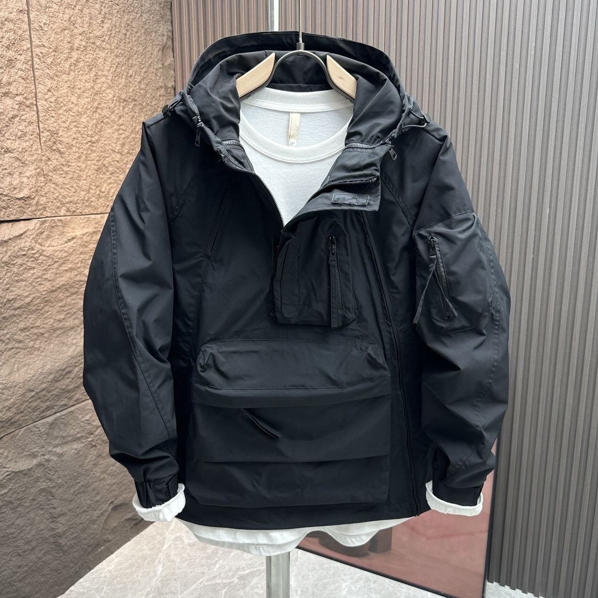 Workwear Hooded Trendy Loose-fit Multi-pocket Zip-up Casual Jacket