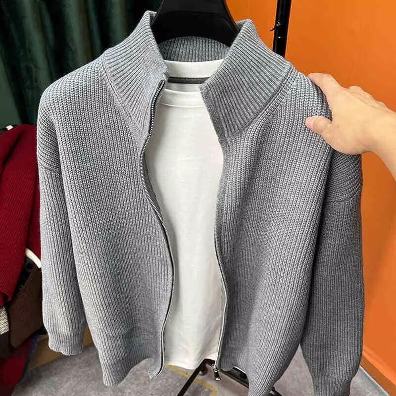 Solid-color Zip-up Cardigan Knitwear Men's Jacket