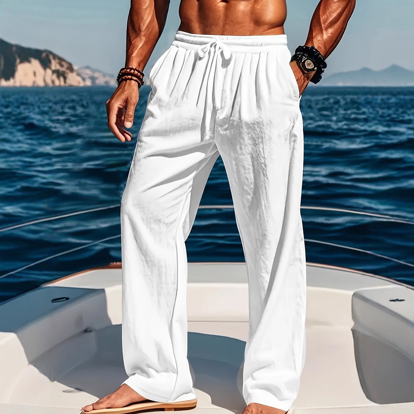 Leichte Herren Leinen-Freizeithose – Atmungsaktive Sommerhose mit Kordelzug – Lässige Loose-Fit Stoffhose für Strand, Freizeit & Urlaub