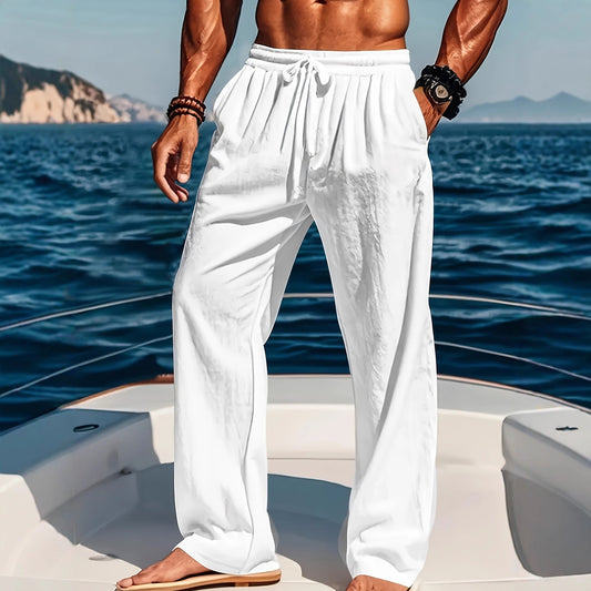 Leichte Herren Leinen-Freizeithose – Atmungsaktive Sommerhose mit Kordelzug – Lässige Loose-Fit Stoffhose für Strand, Freizeit & Urlaub