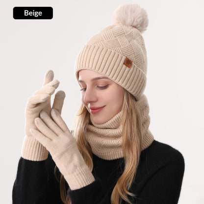 Ladies' Knitted Outdoor Warm Knitted Hat Scarf And Gloves Three-Piece Set