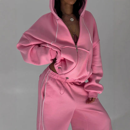 Athleisure Zip-up Long-sleeve Hoodie And Loose-fitting Sweatpants Set