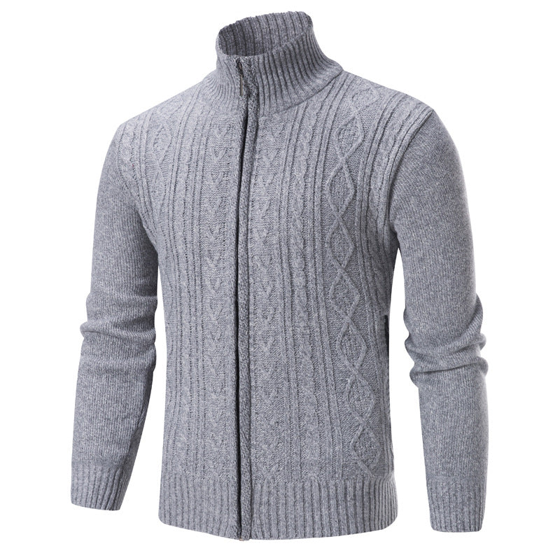 Fashionable Men's Stand-up Collar Fleece-lined Knit Sweater