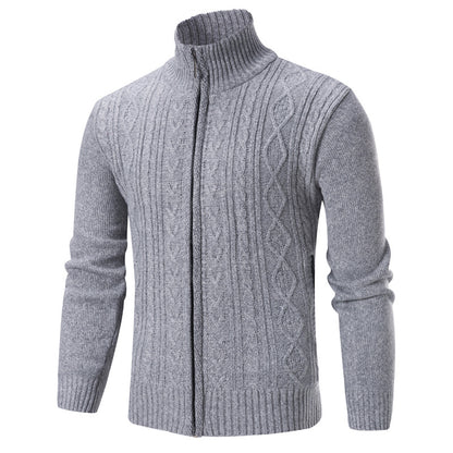 Fashionable Men's Stand-up Collar Fleece-lined Knit Sweater