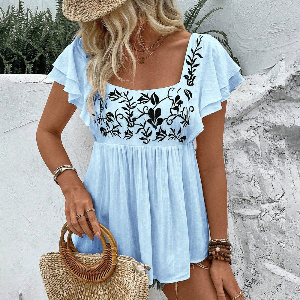 Women's Casual Lace-trimmed Square-neck Embroidered Shirt