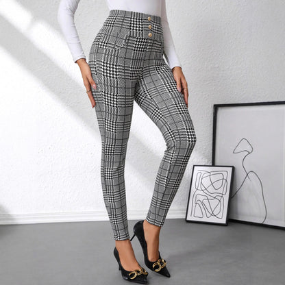 Women's Check Print Button Embellished High-waist Slim-fit Knit Pants