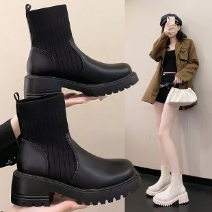Women's Knitted Patchwork Chunky-sole Square-heeled Booties