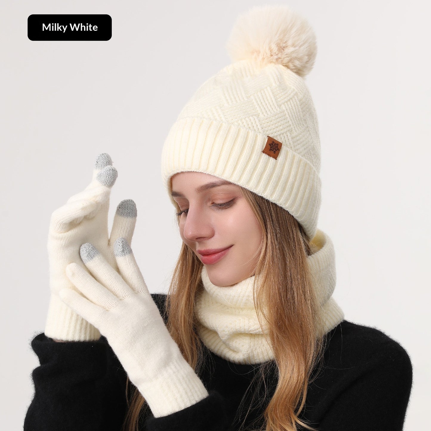 Ladies' Knitted Outdoor Warm Knitted Hat Scarf And Gloves Three-Piece Set