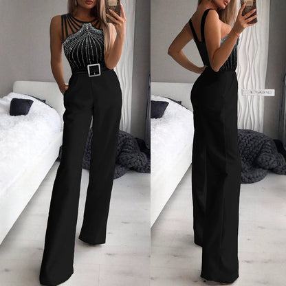 European And American-style Rhinestone-embellished Sexy Strapless Sleeveless Waist-cinching Jumpsuit