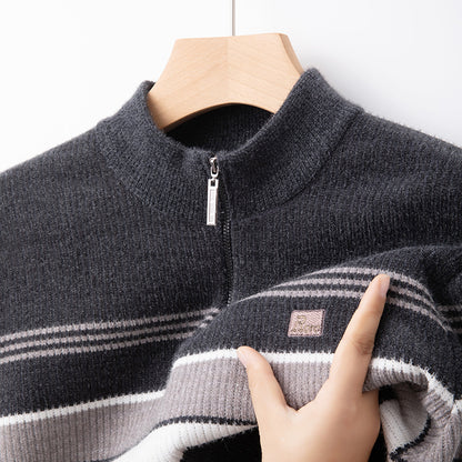 Men's Chenille Half-Zip Fleece- Lined Striped Pullover Sweater