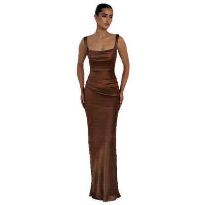 Elegantes Bodenlanges Abendkleid – Figurbetonter Bodycon-Schnitt – Exklusives Satin-Finish in Coffee Brown