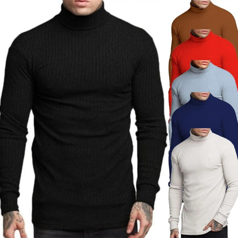 Casual Men's Fashion Solid Color High-neck Twisted Stripe Knit Sweater Slim Fit Knitwear