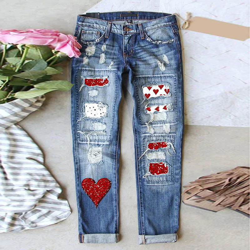 Women's Denim Print Loose High Waist Pocket Wide Leg Pants