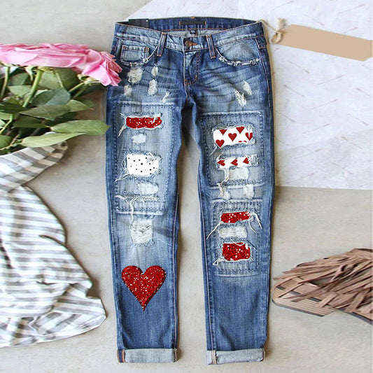 Women's Denim Print Loose High Waist Pocket Wide Leg Pants