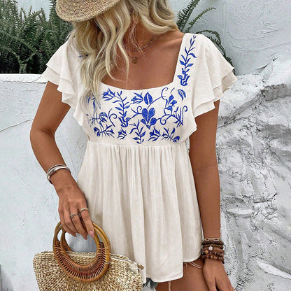 Women's Casual Lace-trimmed Square-neck Embroidered Shirt