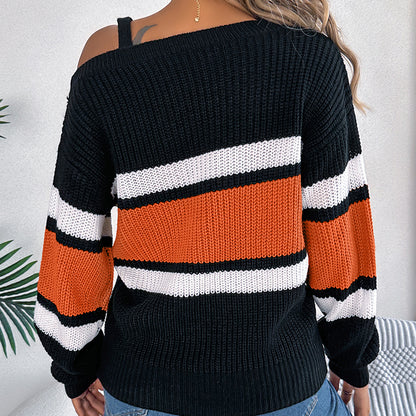 Women's Cold Shoulder Sweater - Fall Color Block Long Sleeve Pullover