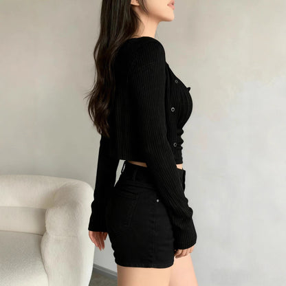 Figure-flattering Long-sleeve Thin Cardigan And Camisole Two-piece Set