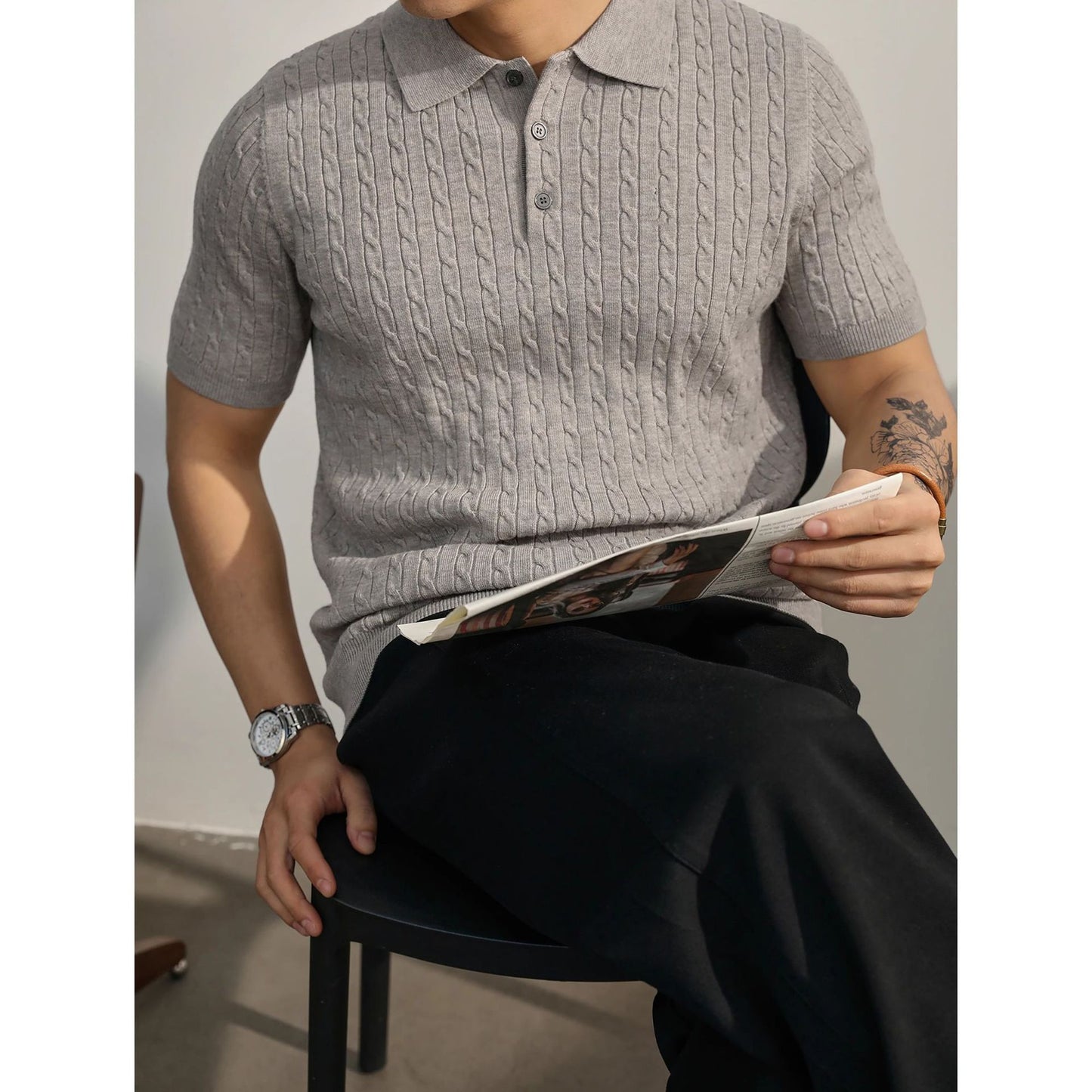 Herren Freizeithemd Mit Kurzarm Stricken Mit Revers