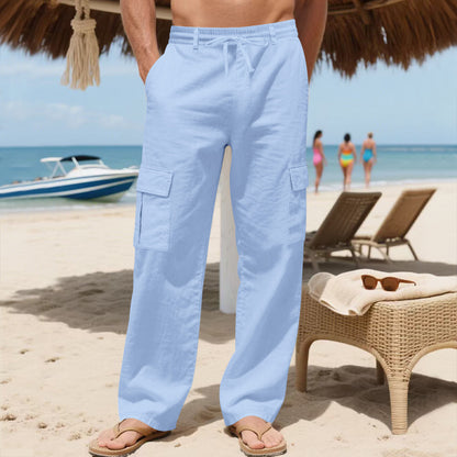 Leinen Tunnelzughose Mit Mehreren Taschen Und Geradem Bein