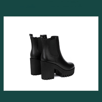 Women's Solid Color Genuine Leather High-heel Thick-heel Platform Mid-calf Boots