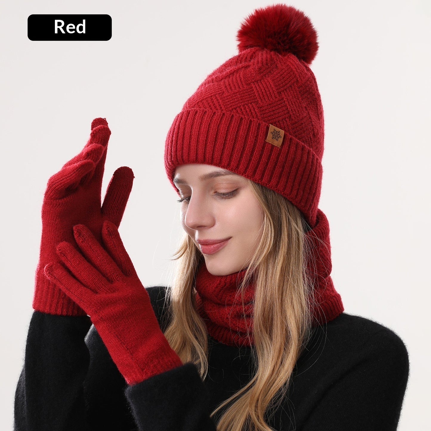 Ladies' Knitted Outdoor Warm Knitted Hat Scarf And Gloves Three-Piece Set