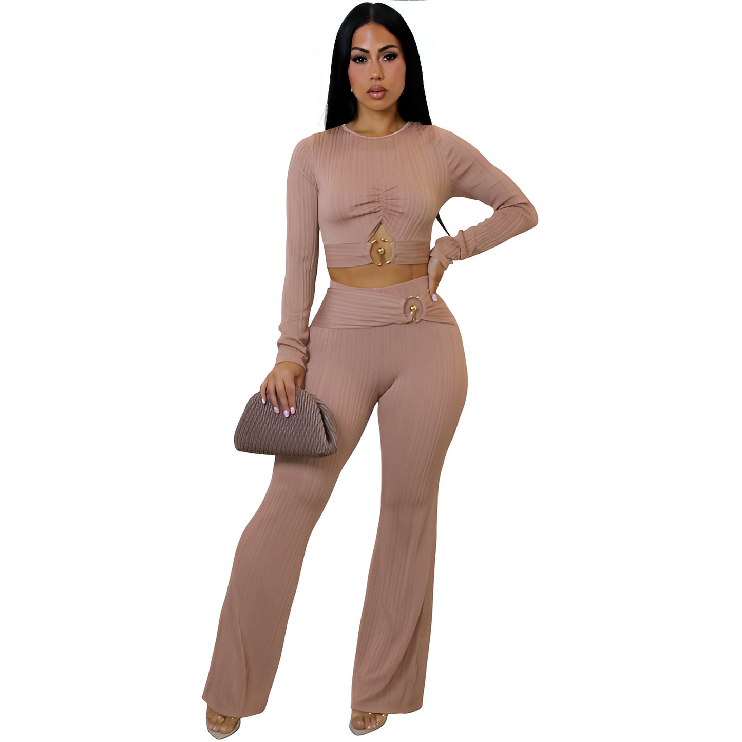 Women's Slim-fit Sexy Hollow-out Top And Flared Pants Two-piece Set