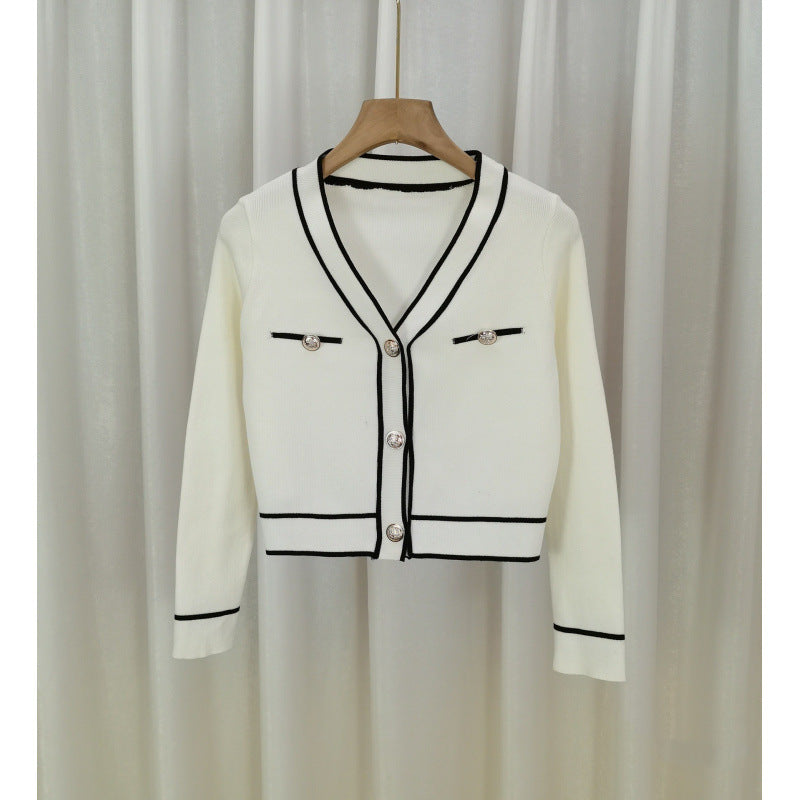 Exklusiver Damen Designer-Strickcardigan im Color-Blocking-Look – Eleganter Feinstrick-Cardigan für Business & Alltag – Stilvolle Übergangsjacke aus Core-Spun-Garn