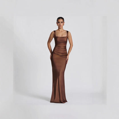 Elegantes Bodenlanges Abendkleid – Figurbetonter Bodycon-Schnitt – Exklusives Satin-Finish in Coffee Brown
