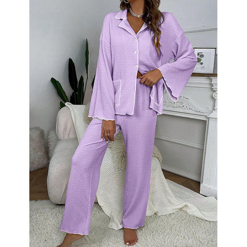 Lapel-collar Button-up Pajama Set For Women