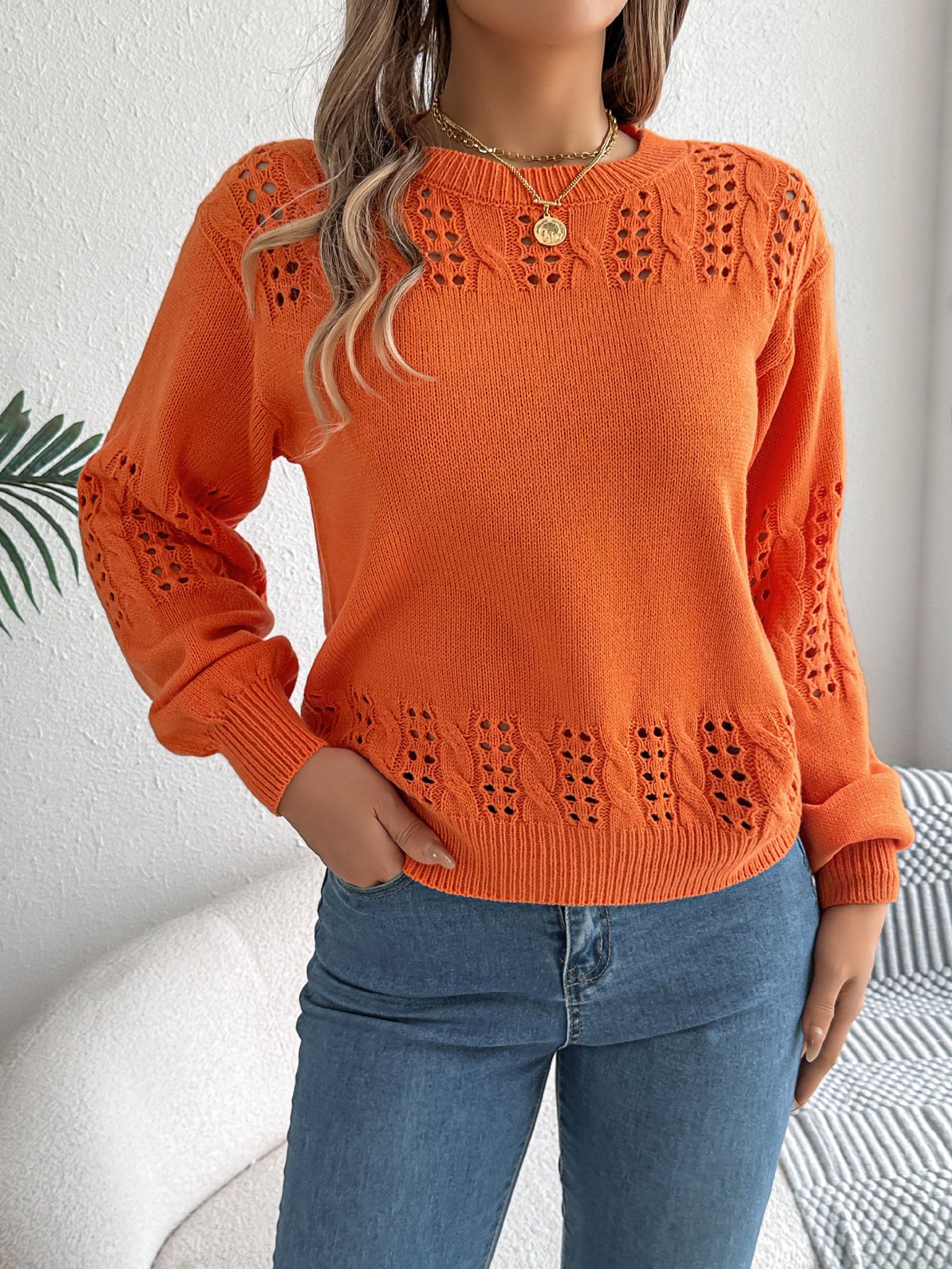 Women Casual Solid Color Hollow Out Lantern Sleeve Pullover Sweater