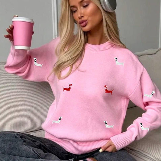 New Autumn And Winter Sweater Round Neck Long Sleeve Dog Print Casual