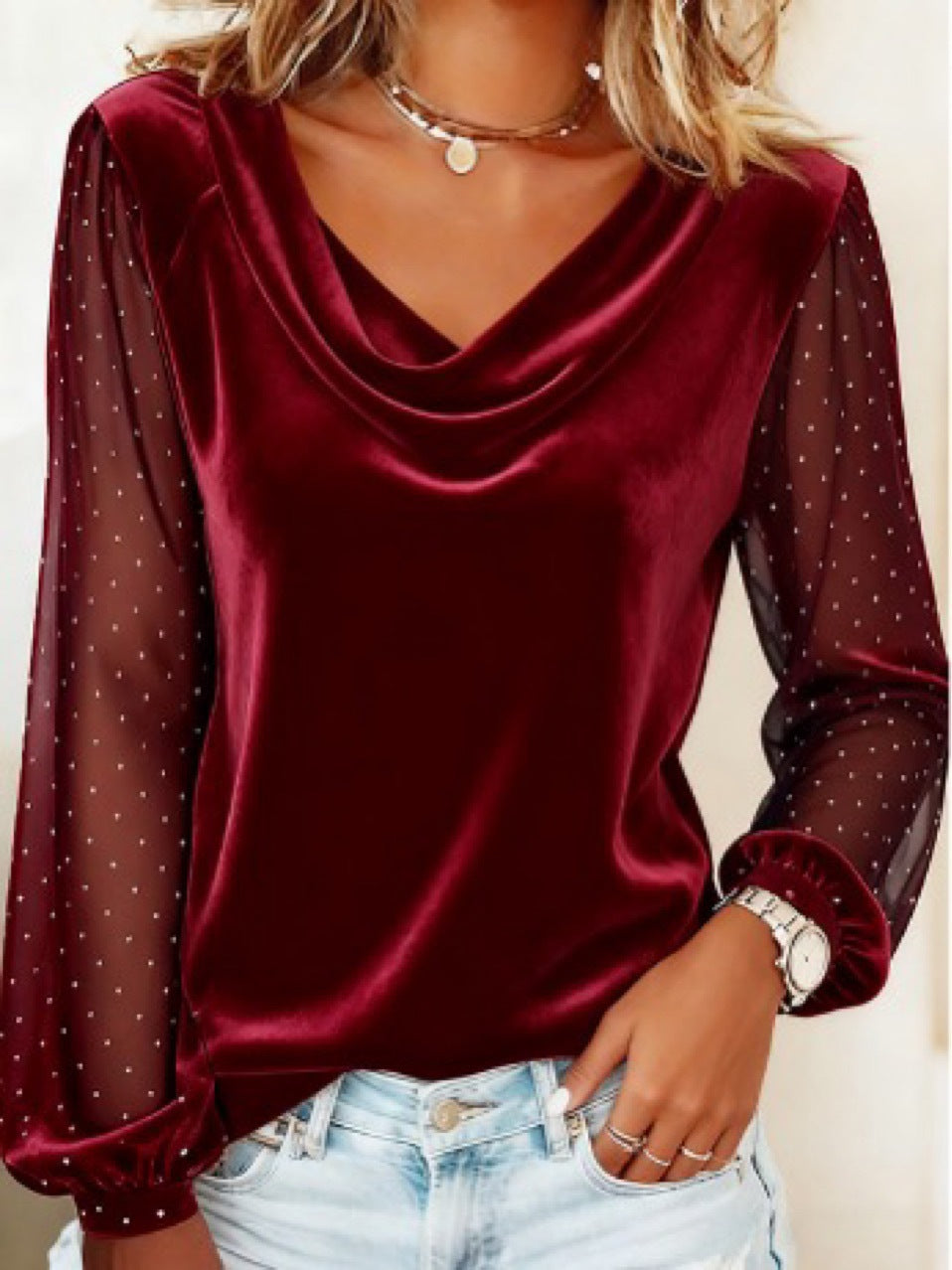Women's V-neck Mesh T-shirt With Rhinestones And Puffed Sleeves