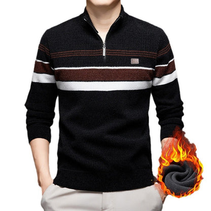 Men's Chenille Half-Zip Fleece- Lined Striped Pullover Sweater