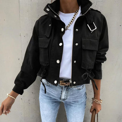 Women's Stand Collar Long Sleeve Jacket With Button & Zipper Closure - Two Large Pockets & Drawstring Hem Casual Short Jacket For Spring&Fall