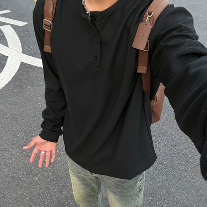 Black American Henry Collar Long-sleeved Men's Top