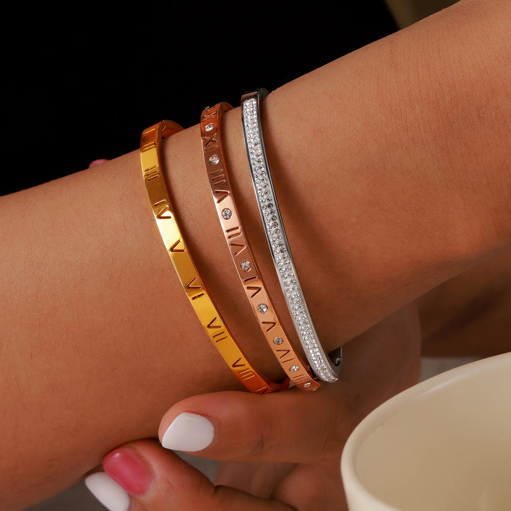Retro Minority Unique Simple Jewelry Carved Roman Digital Design Diamond-embedded Titanium Steel Gold-plated Bracelet