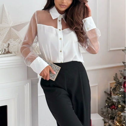 Women's Mesh Sheer Long Sleeve Shirt See Through Button Down Blouse Top