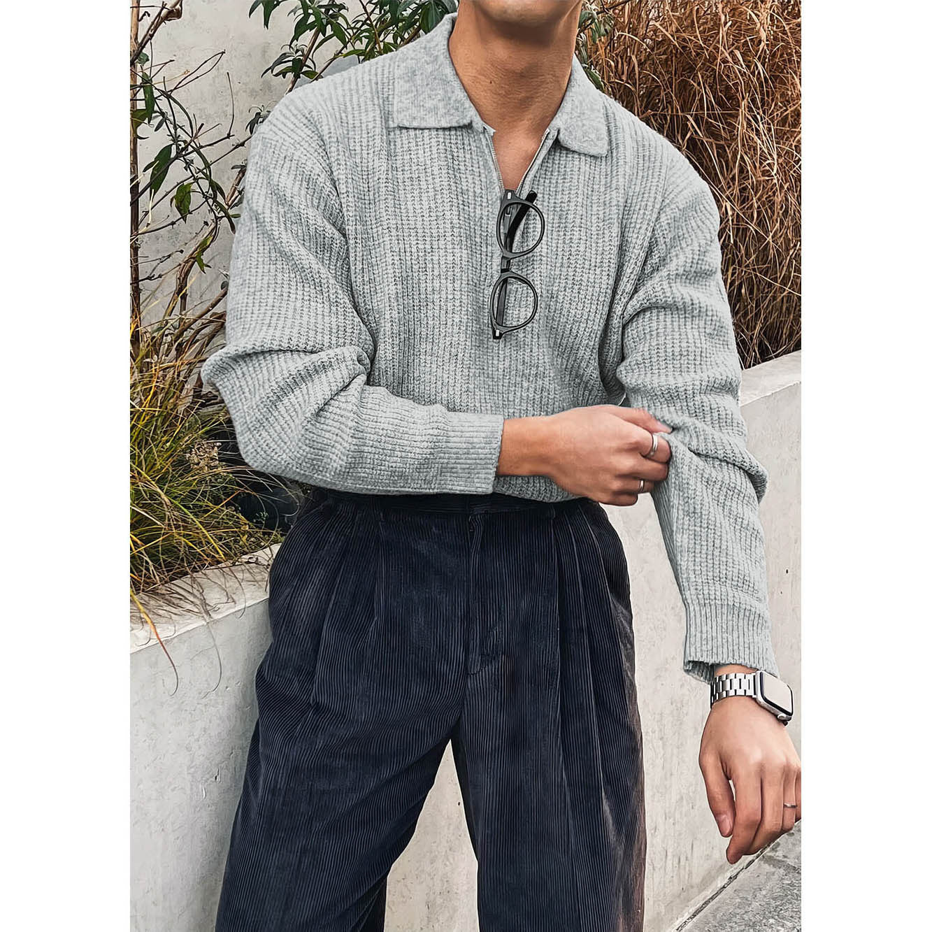 Gestrickte Herren-Dreh-Down-Kragen-Halb-Reißverschluss-Licht Luxusjacke