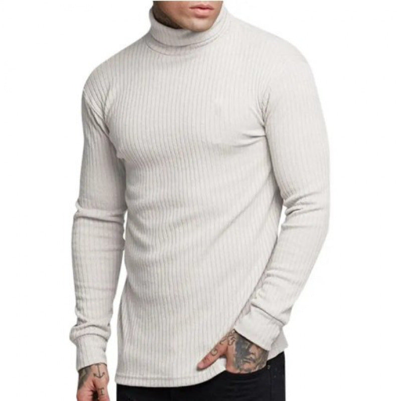 Casual Men's Fashion Solid Color High-neck Twisted Stripe Knit Sweater Slim Fit Knitwear