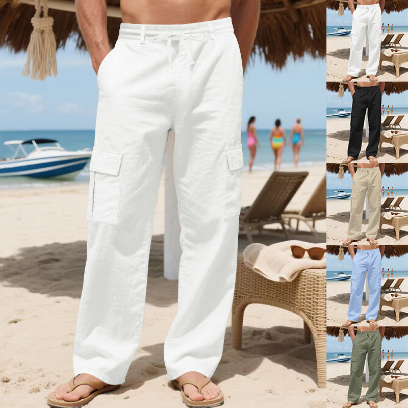 Leinen Tunnelzughose Mit Mehreren Taschen Und Geradem Bein