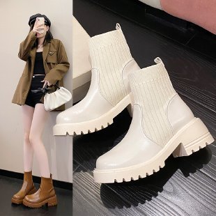 Women's Knitted Patchwork Chunky-sole Square-heeled Booties