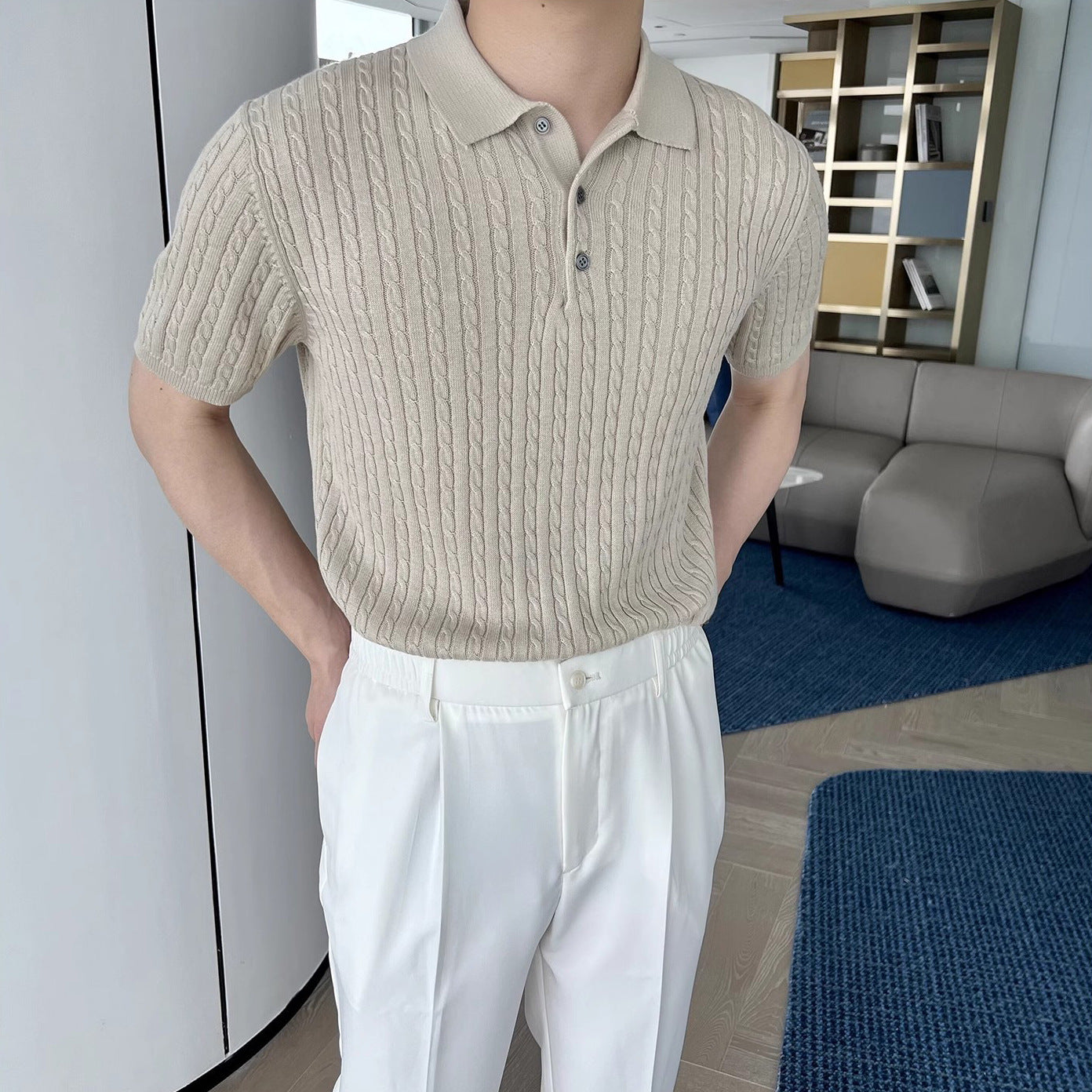 Herren Freizeithemd Mit Kurzarm Stricken Mit Revers