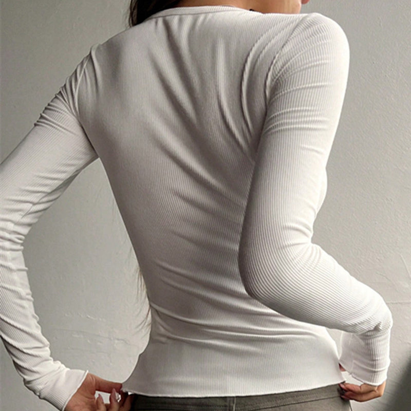 Women's Button-Front Ribbed Knit Top Round Neck Long Sleeve Fitted Sweater For Spring And Fall