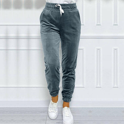 Versatile Women's Jogger Pants With Elastic Waistband And Drawstring, Korean-style Velvet Casual Pants, Sportswear
